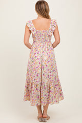Multi Color Floral Flutter Sleeve Smocked Midi Dress