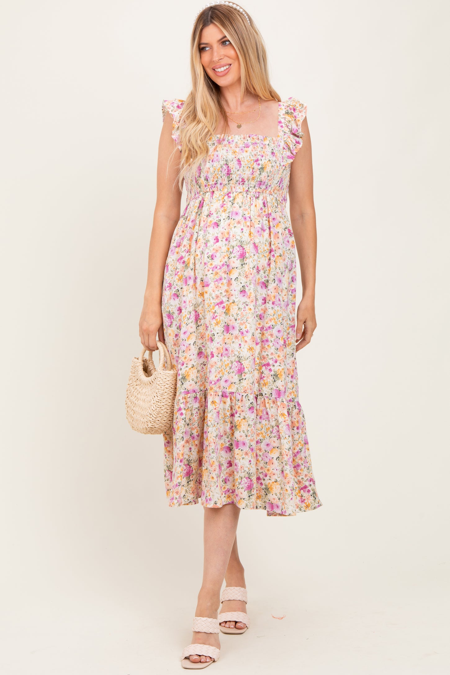 Multi Color Floral Flutter Sleeve Smocked Maternity Midi Dress