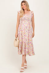 Multi Color Floral Flutter Sleeve Smocked Maternity Midi Dress
