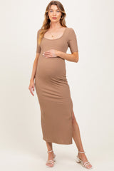 Light Taupe Ribbed Short Sleeve Side Slit Maternity Midi Dress