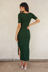 Forest Green Ribbed Short Sleeve Side Slit Midi Dress