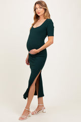 Forest Green Ribbed Short Sleeve Side Slit Maternity Midi Dress