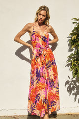Orange Tropical Sash Tie Maxi Dress