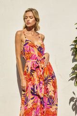 Orange Tropical Sash Tie Maxi Dress