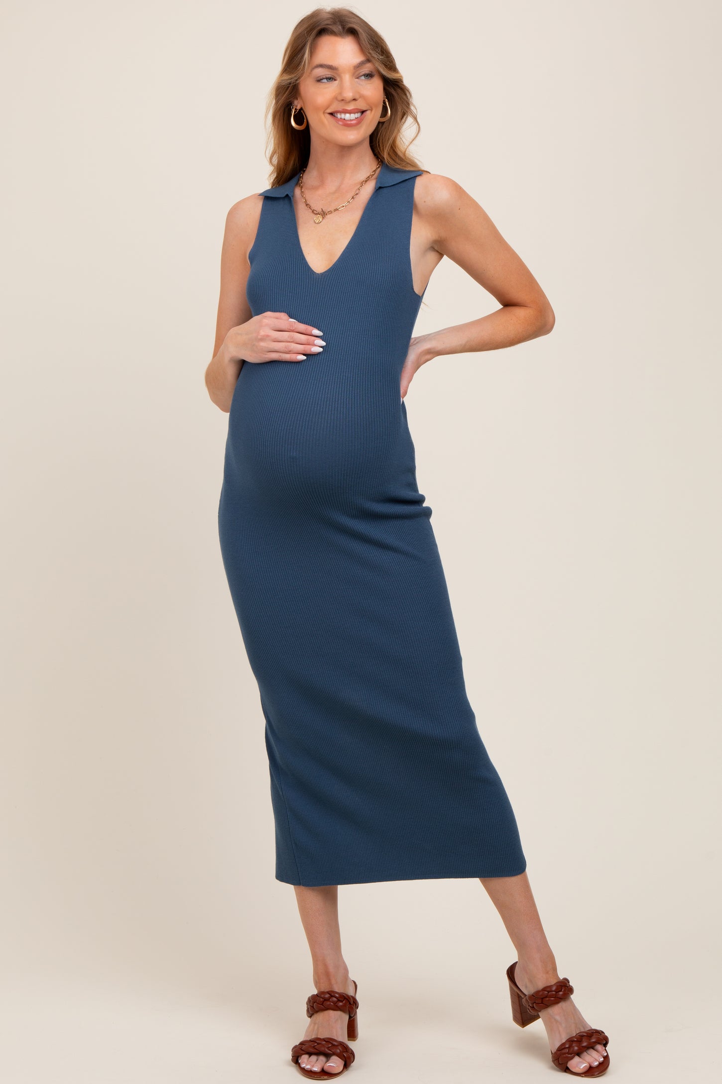 Blue Knit Collared Deep V-Neck Maternity Maxi Dress