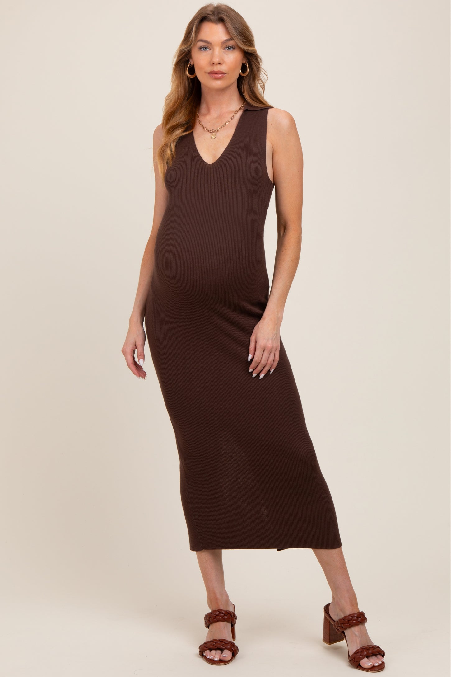 Brown Knit Collared Deep V-Neck Maternity Maxi Dress
