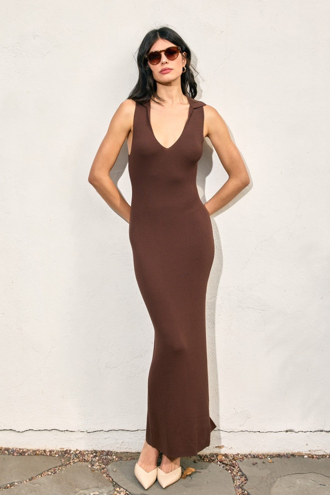 Brown Knit Collared Deep V-Neck Maternity Maxi Dress