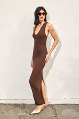 Brown Knit Collared Deep V-Neck Maxi Dress