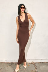 Brown Knit Collared Deep V-Neck Maxi Dress