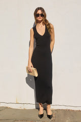 Black Knit Collared Deep V-Neck Maternity Maxi Dress