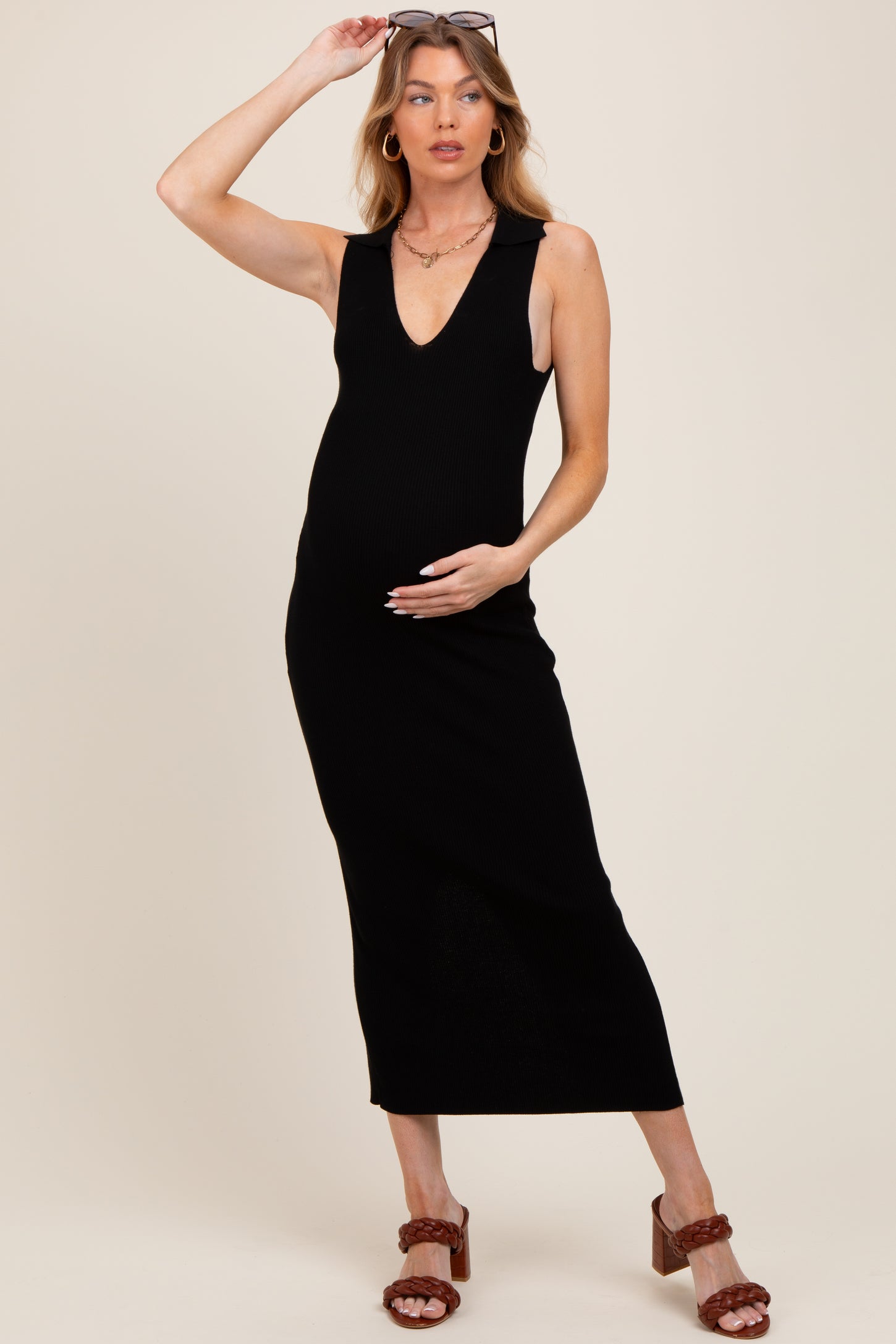 Black Knit Collared Deep V-Neck Maternity Maxi Dress
