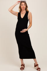 Black Knit Collared Deep V-Neck Maternity Maxi Dress