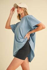 Blue Oversized Cut Hem Short Sleeve T-Shirt