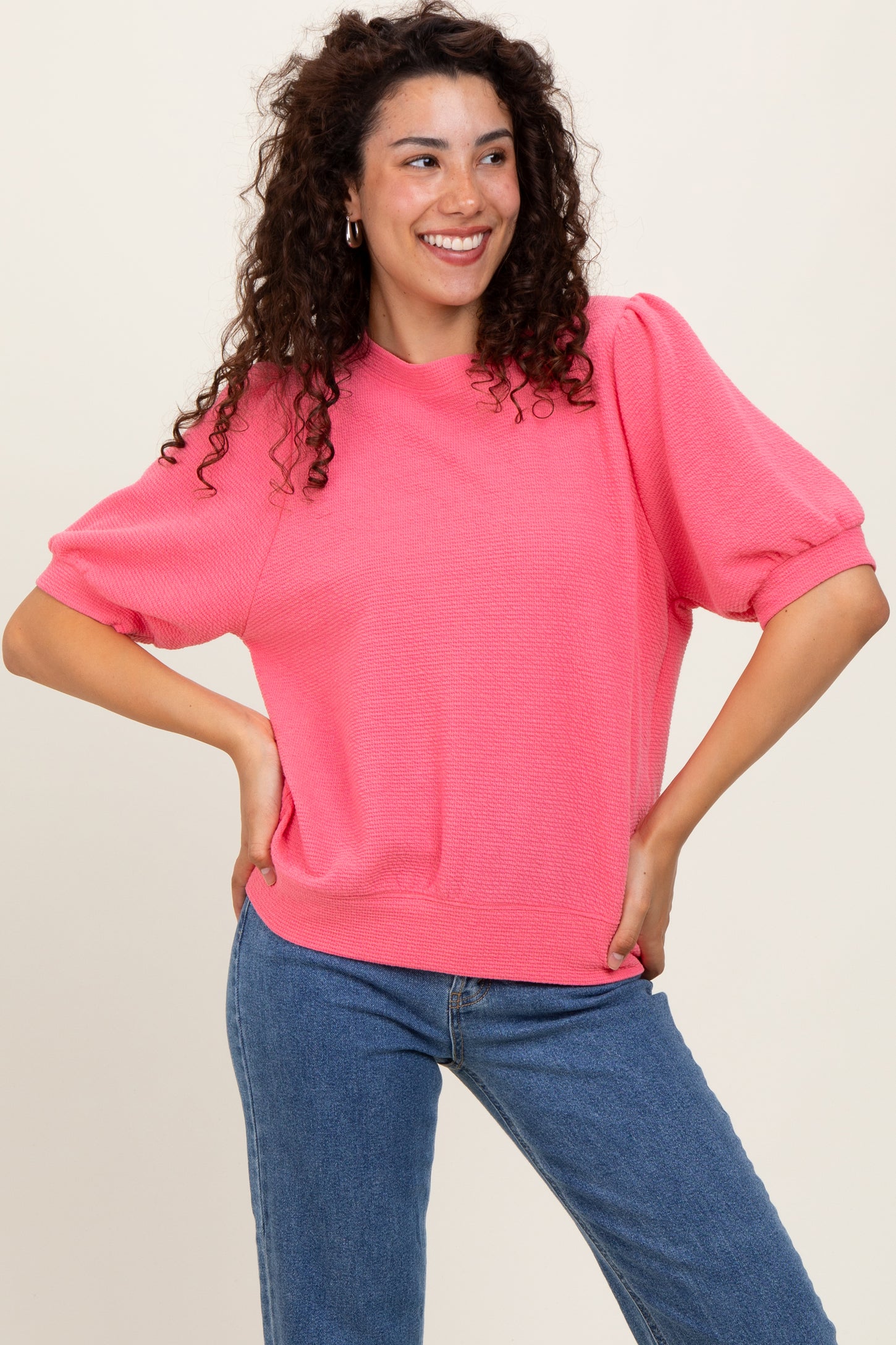 Pink Knit Puff Sleeve Top