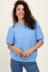 Blue Knit Puff Sleeve Top