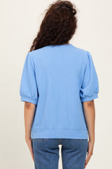 Blue Knit Puff Sleeve Top