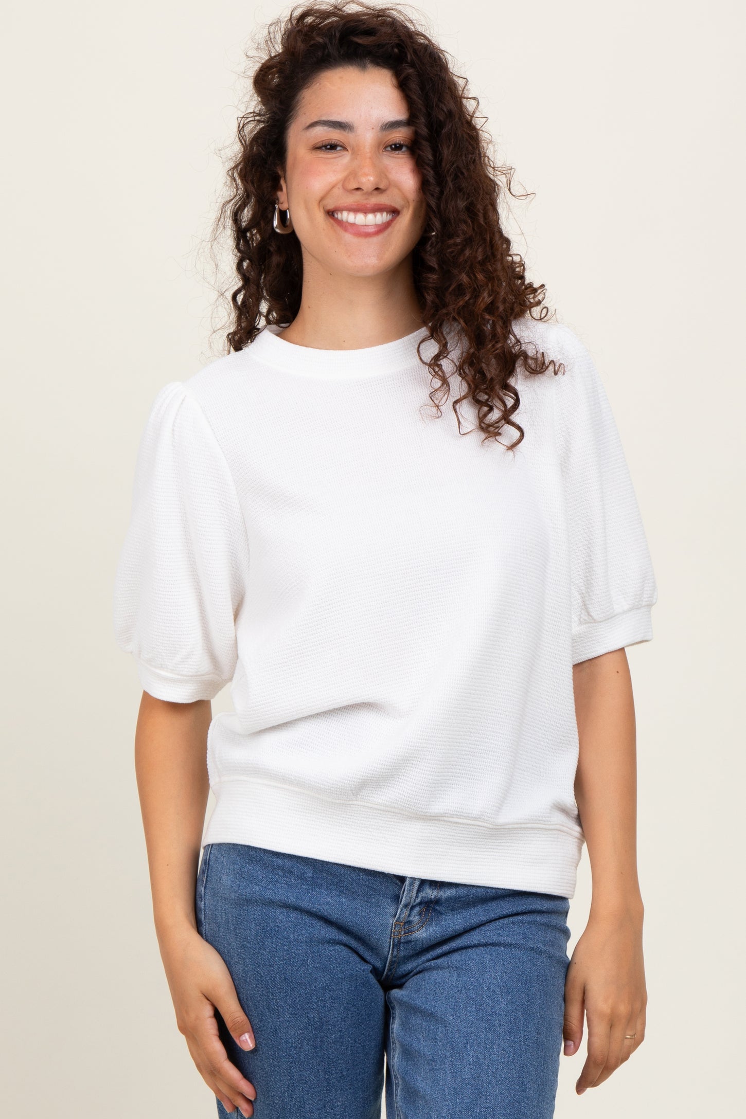 White Knit Puff Sleeve Top
