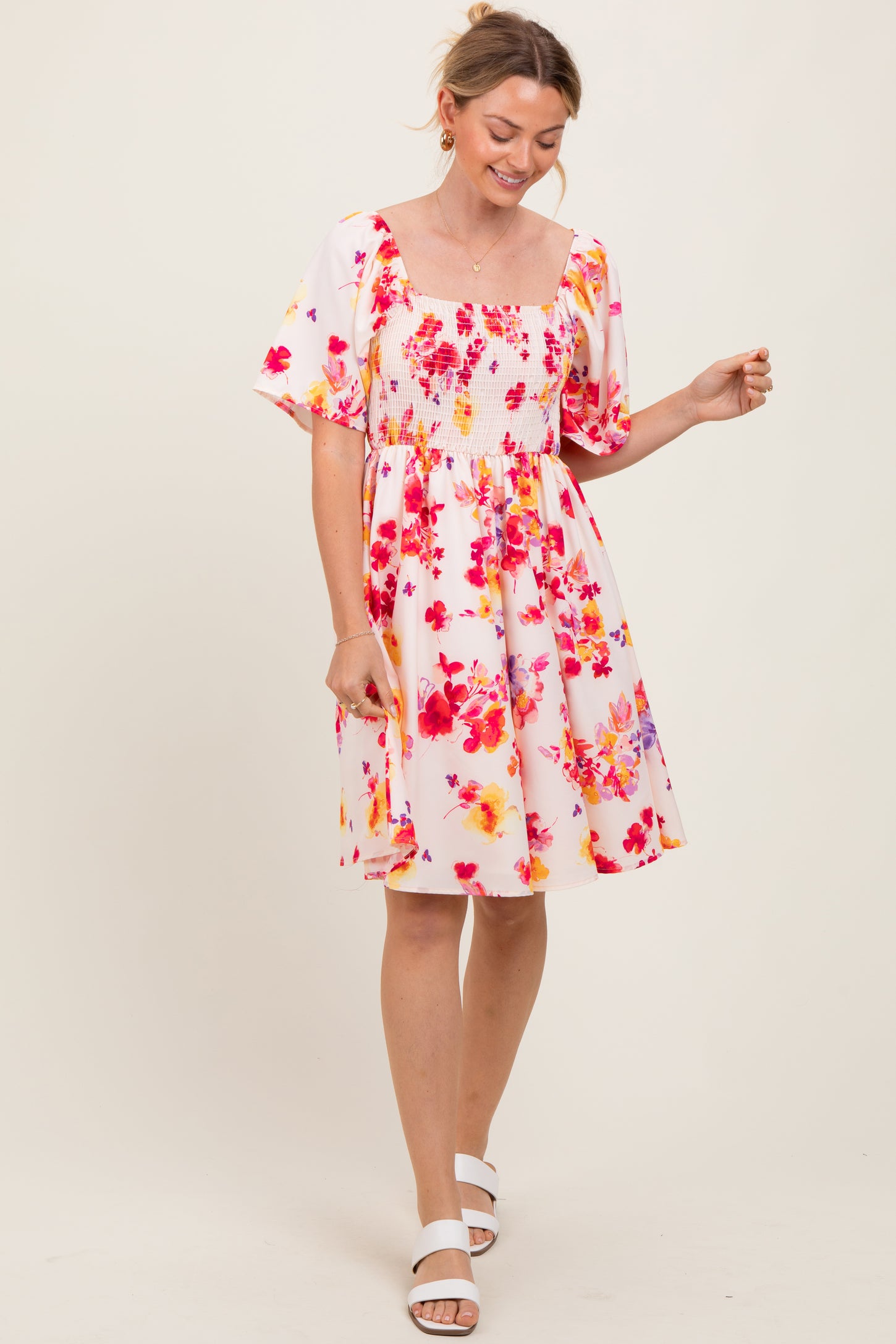 Cream/Red Floral Smocked Top Mini Dress