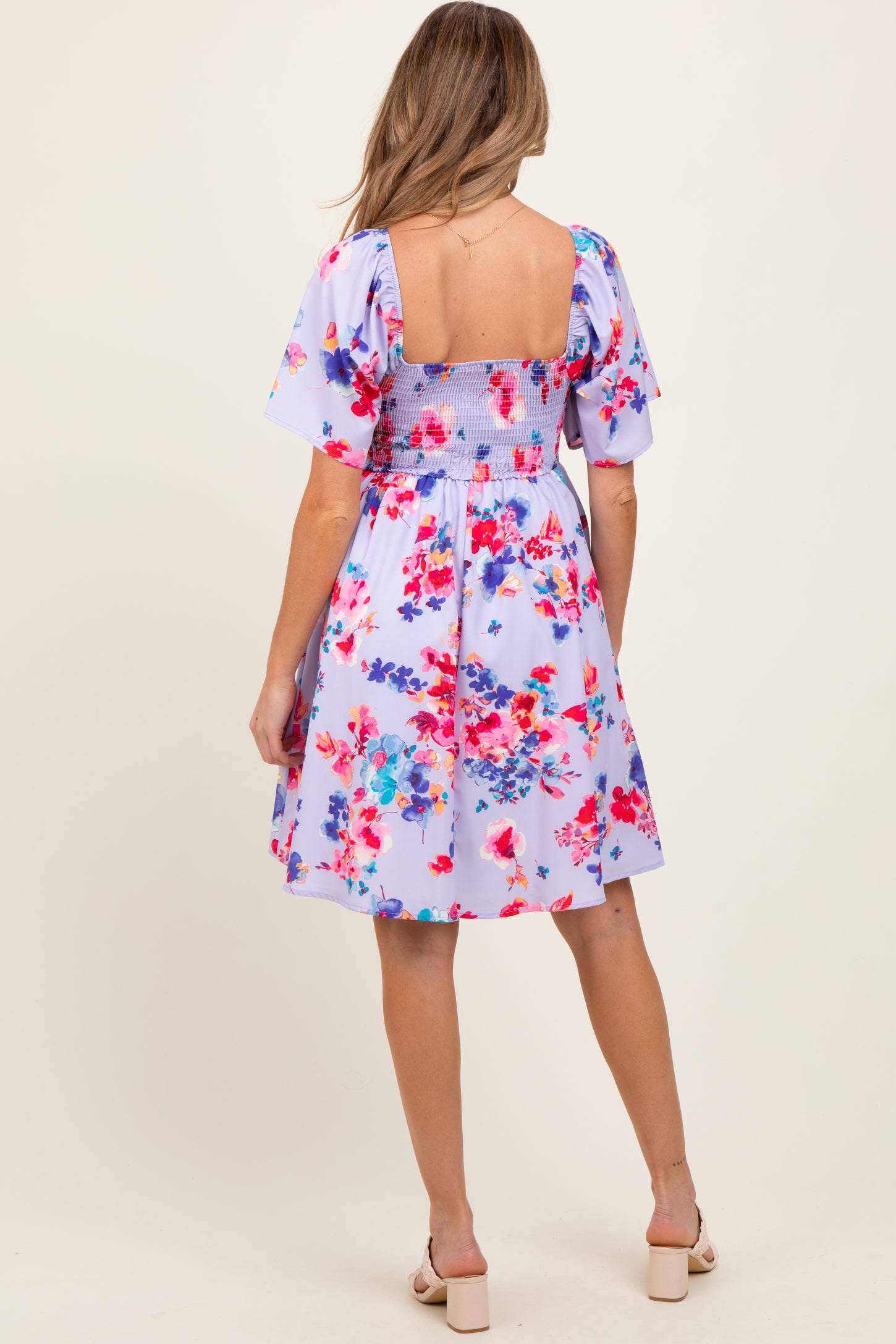 Lavender/Red Floral Smocked Top Maternity Mini Dress