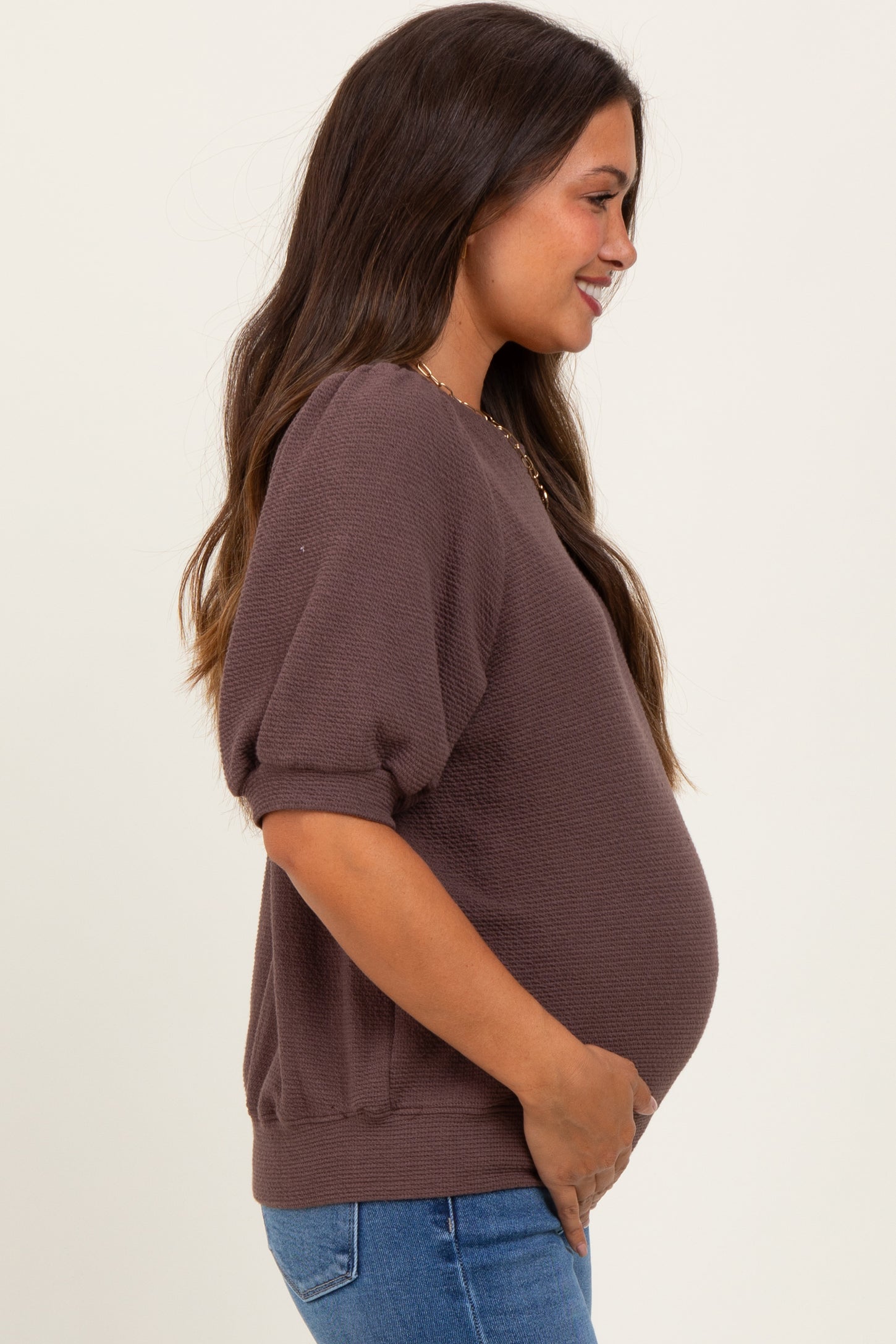 Brown Knit Maternity Puff Sleeve Top