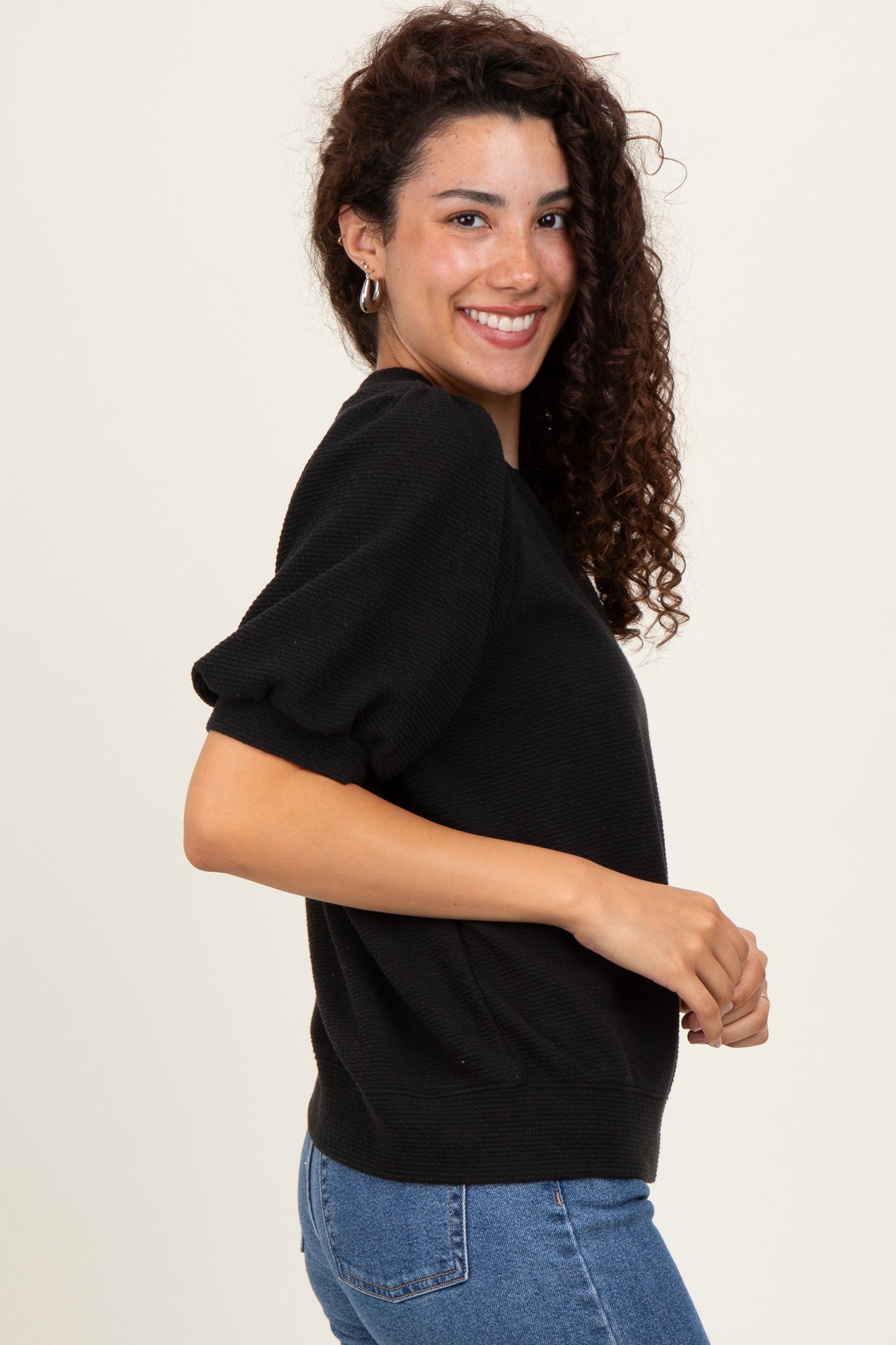 Black Knit Puff Sleeve Top