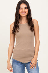 Light Taupe Ribbed Basic Crew Neck Maternity Tank