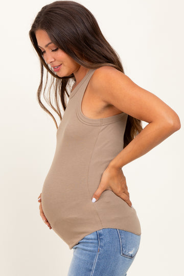 Light Taupe Ribbed Basic Crew Neck Maternity Tank