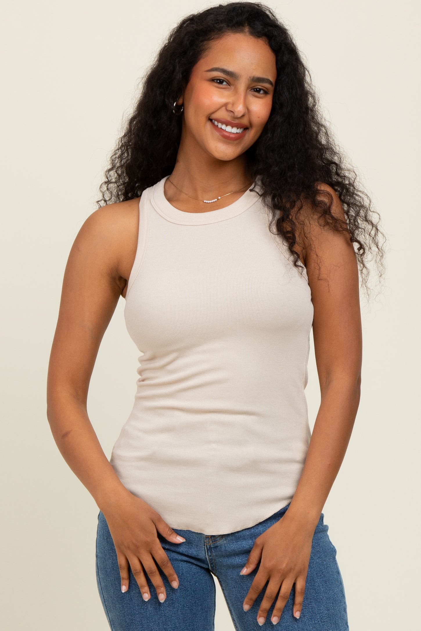 Cream Ribbed Basic Crew Neck Maternity Tank