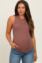 Burgundy Ribbed Basic Crew Neck Maternity Tank