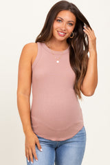 Mauve Ribbed Basic Crew Neck Maternity Tank
