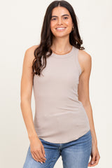 Beige Ribbed Basic Crew Neck Maternity Tank