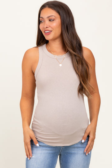 Beige Ribbed Basic Crew Neck Maternity Tank