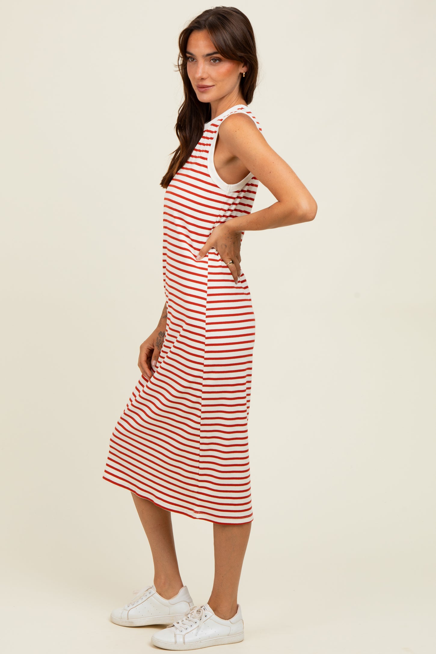 Red Striped Ribbed Knit Sleeveless Midi Dress