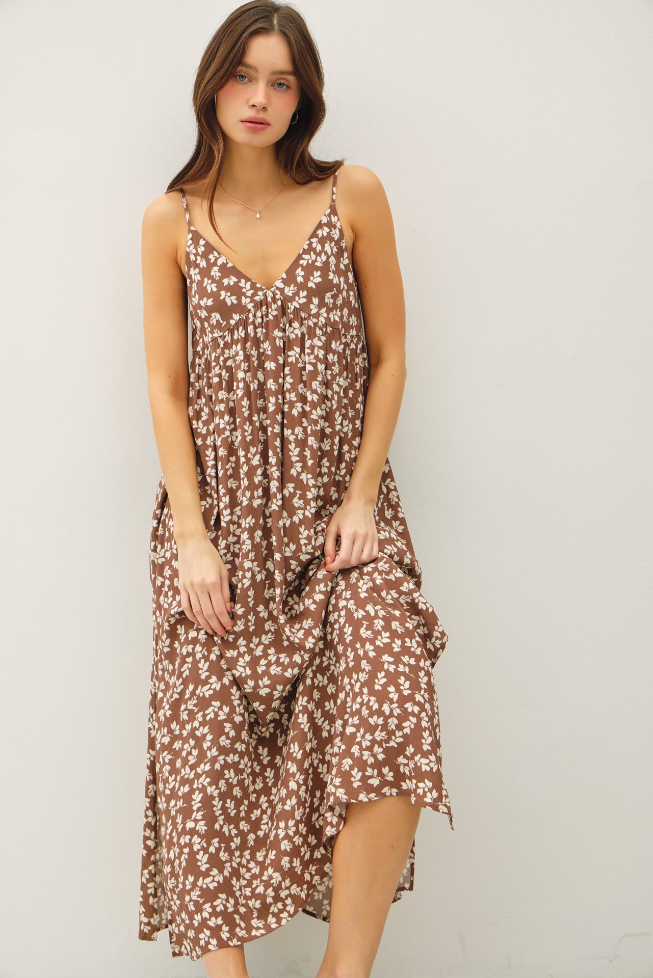 Mocha Floral V-Neck Maxi Dress