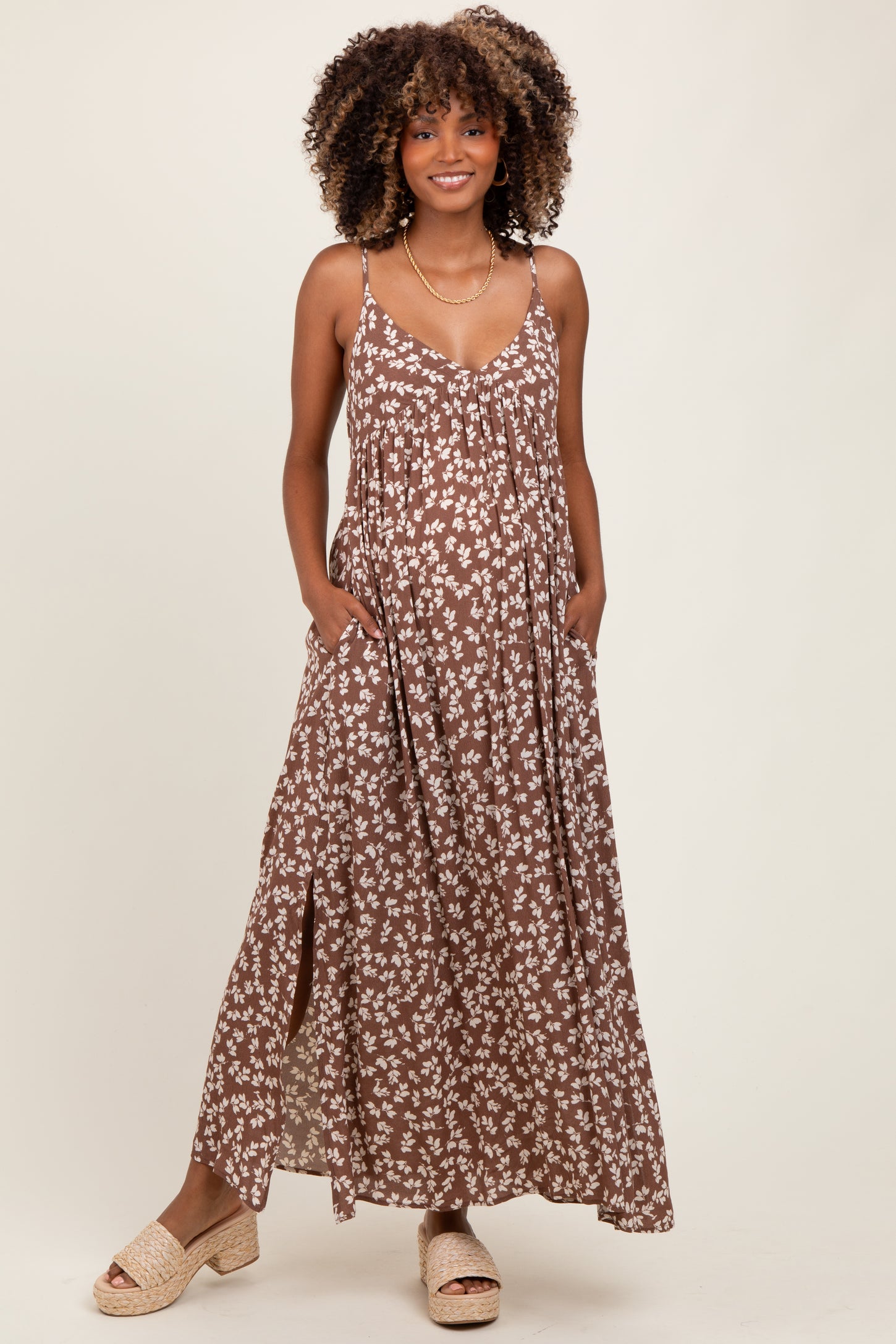 Mocha Floral V-Neck Maternity Maxi Dress
