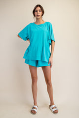 Turquoise Oversized Raw Hem Short Sleeve Tee