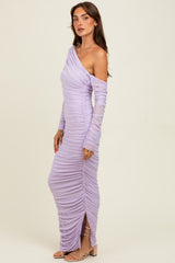 Lavender Ruched Mesh One Shoulder Long Sleeve Maxi Dress