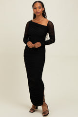 Black Ruched Mesh One Shoulder Long Sleeve Maxi Dress