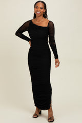 Black Ruched Mesh One Shoulder Long Sleeve Maxi Dress