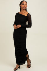 Black Ruched Mesh One Shoulder Long Sleeve Maxi Dress