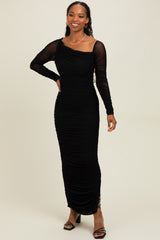 Black Ruched Mesh One Shoulder Long Sleeve Maternity Maxi Dress
