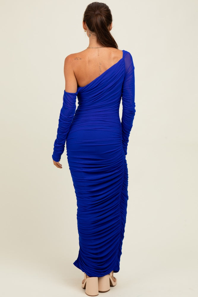 Royal Ruched Mesh One Shoulder Long Sleeve Maxi Dress