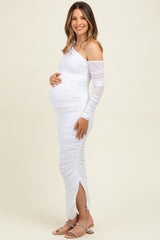 White Ruched Mesh One Shoulder Long Sleeve Maternity Maxi Dress