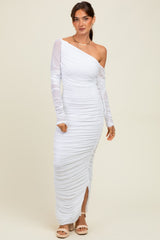 White Ruched Mesh One Shoulder Long Sleeve Maternity Maxi Dress
