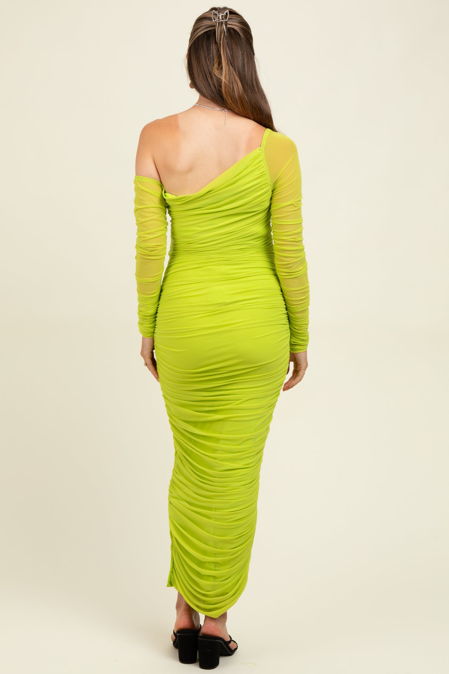 Lime Ruched Mesh One Shoulder Long Sleeve Maternity Maxi Dress