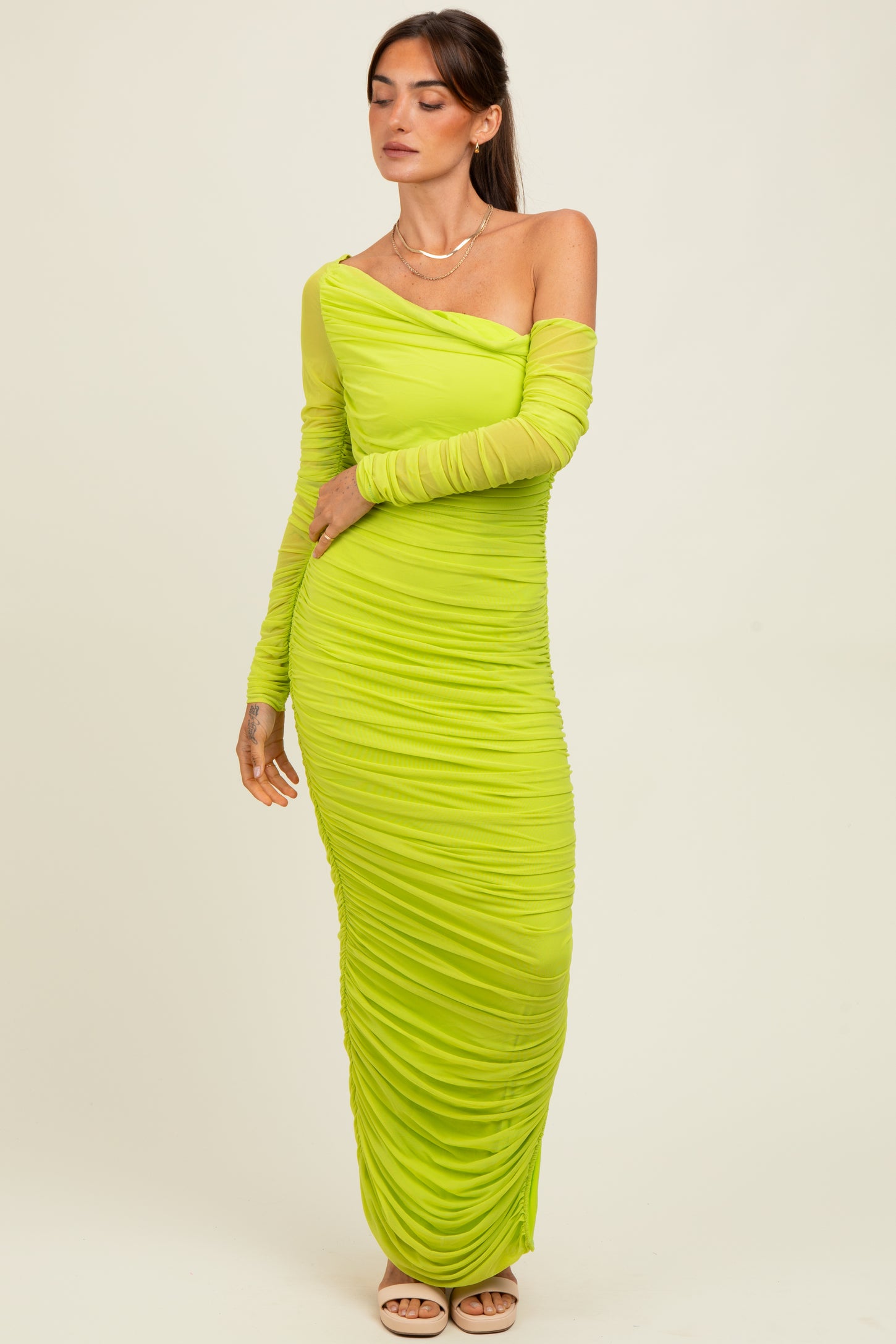 Lime Ruched Mesh One Shoulder Long Sleeve Maxi Dress