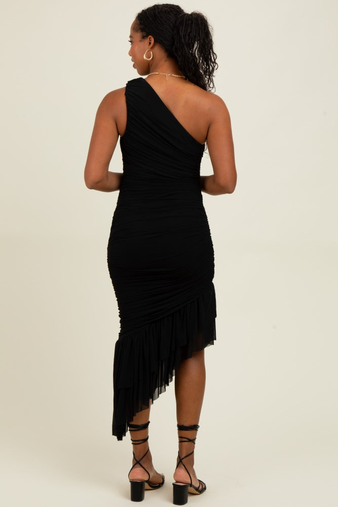Black Ruched Mesh One Shoulder Asymmetric Dress