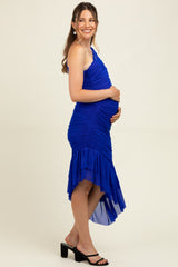 Royal Ruched Mesh One Shoulder Asymmetric Maternity Dress