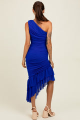 Royal Ruched Mesh One Shoulder Asymmetric Dress