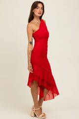 Red Ruched Mesh One Shoulder Asymmetric Dress